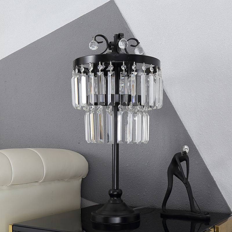 Crystal Dual-Layered Drum Table Lamp Traditional 1 Head Bedchamber Night Light in Black