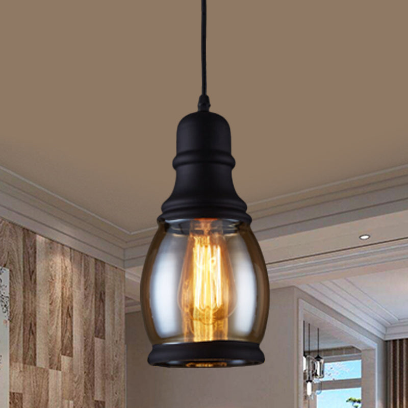 Industrial Jar-Shape Pendant Light Kit 1 Head Clear Glass Ceiling Hang Fixture in Black