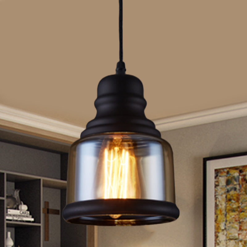 Industrial Jar-Shape Pendant Light Kit 1 Head Clear Glass Ceiling Hang Fixture in Black