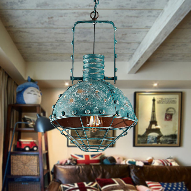 Wire Cage Metallic Down Lighting Rustic 1 Bulb Dining Room Handle Drop Pendant Lamp in Blue-Green