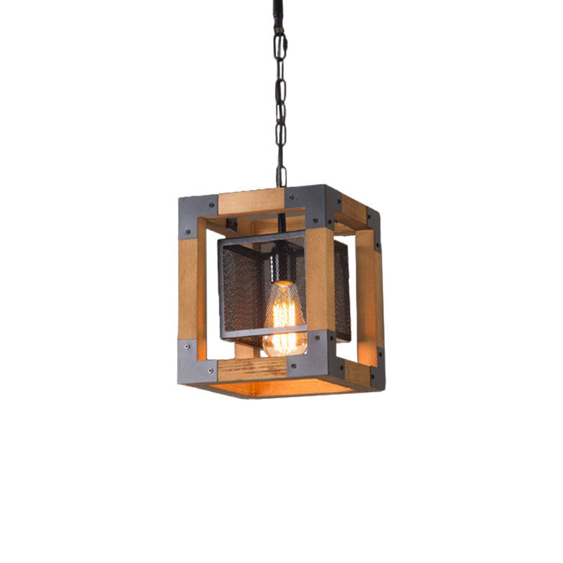 1 Light Hanging Lighting with Cube Frame Shade Wood Industrial Restaurant Pendant Lamp