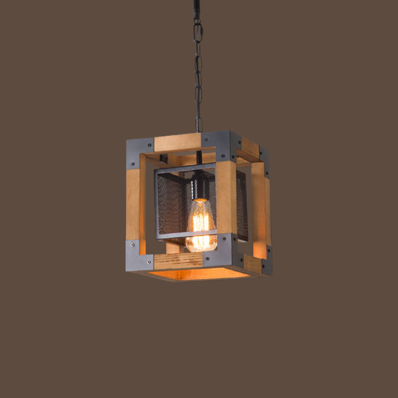 1 Light Hanging Lighting with Cube Frame Shade Wood Industrial Restaurant Pendant Lamp