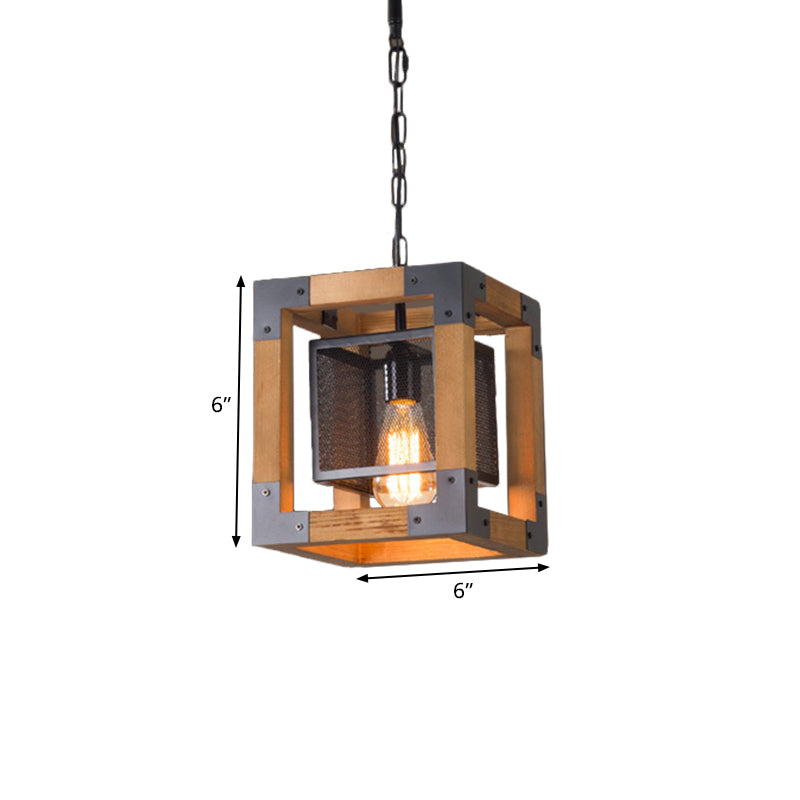 1 Light Hanging Lighting with Cube Frame Shade Wood Industrial Restaurant Pendant Lamp