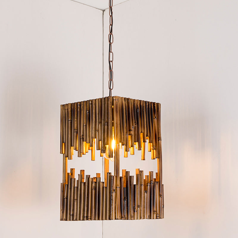 Bamboo Tube Cuboid Suspension Light Industrial 1 Bulb Restaurant Ceiling Pendant Lamp in Brown