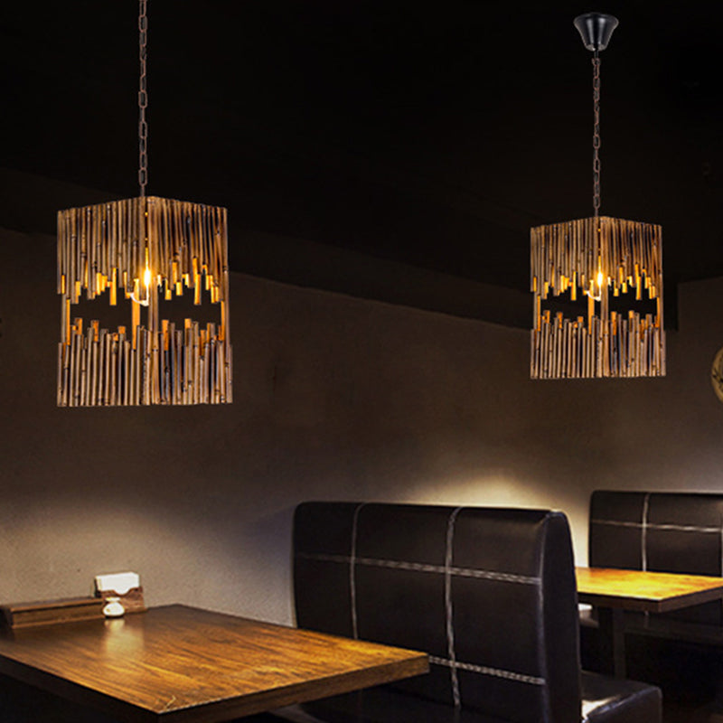 Bamboo Tube Cuboid Suspension Light Industrial 1 Bulb Restaurant Ceiling Pendant Lamp in Brown