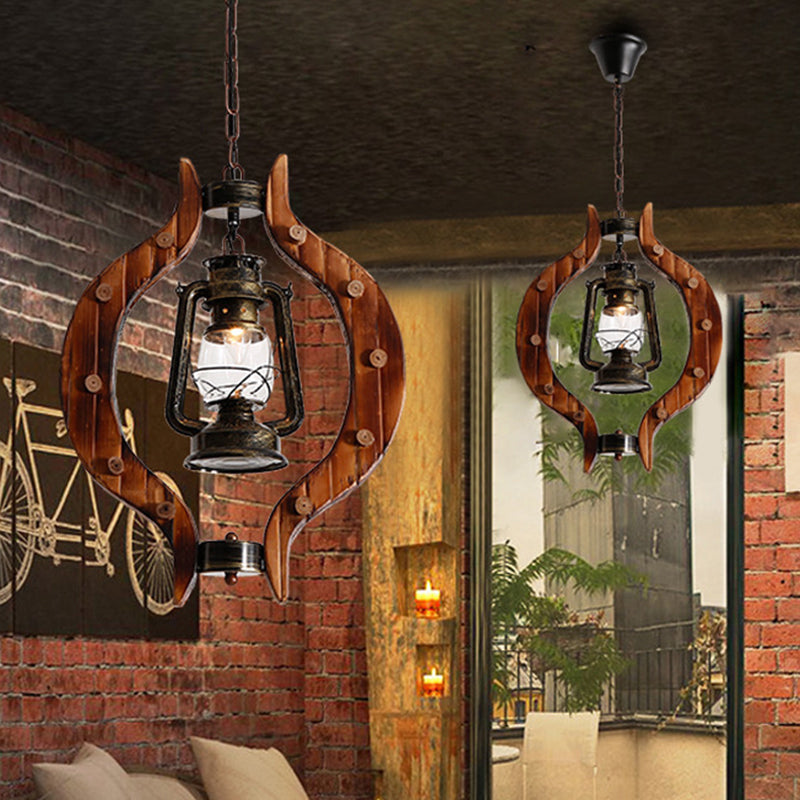 Bronze Kerosene Lamp Shape Pendant Coastal Style Metal 1 Light Bar Hanging Light with Wood Frame