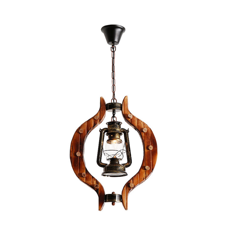 Bronze Kerosene Lamp Shape Pendant Coastal Style Metal 1 Light Bar Hanging Light with Wood Frame