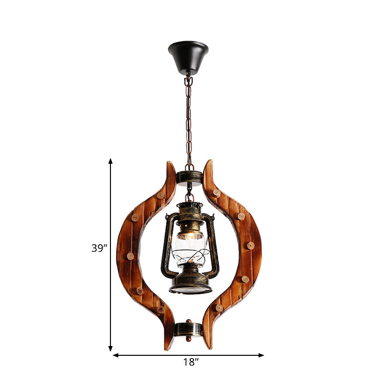 Bronze Kerosene Lamp Shape Pendant Coastal Style Metal 1 Light Bar Hanging Light with Wood Frame