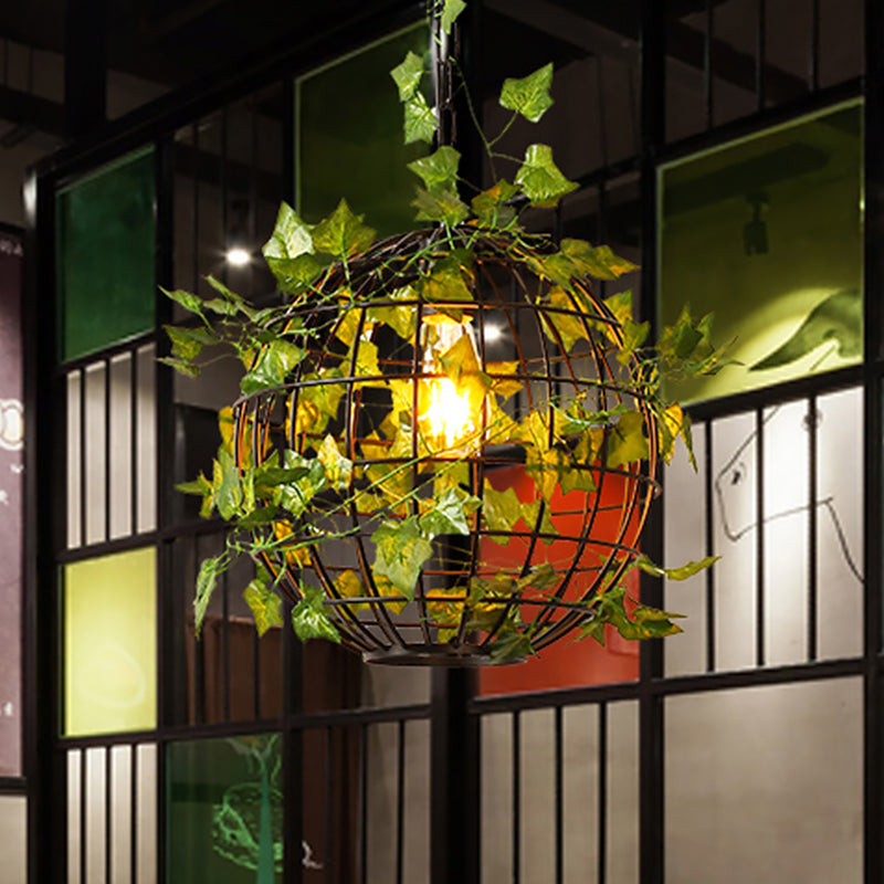 Industrial Style Globe Cage Ceiling Hang Fixture 1 Head Iron Pendulum Light with Artificial Plant Deco in Black