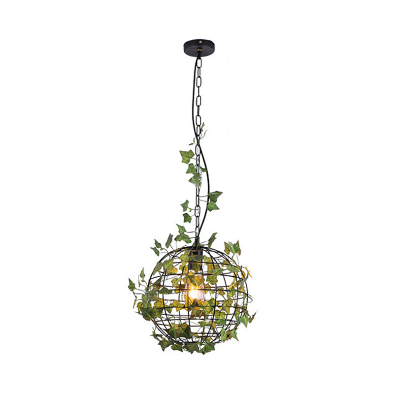 Luz de péndulo de hierro de estilo de globo de estilo de globo de estilo industrial con planta artificial deco en negro