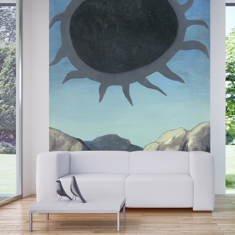 Surrealistic Sun Painting Mural Decal in Grey-Blue Living Room Wall Covering, Optional Size