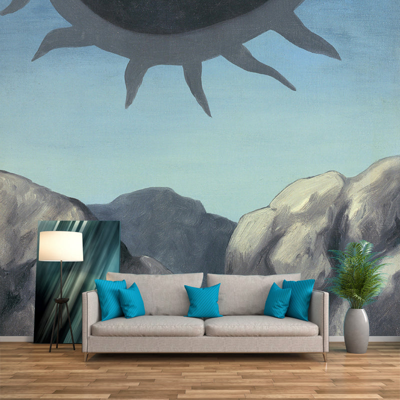 Surrealistic Sun Painting Mural Decal in Grey-Blue Living Room Wall Covering, Optional Size