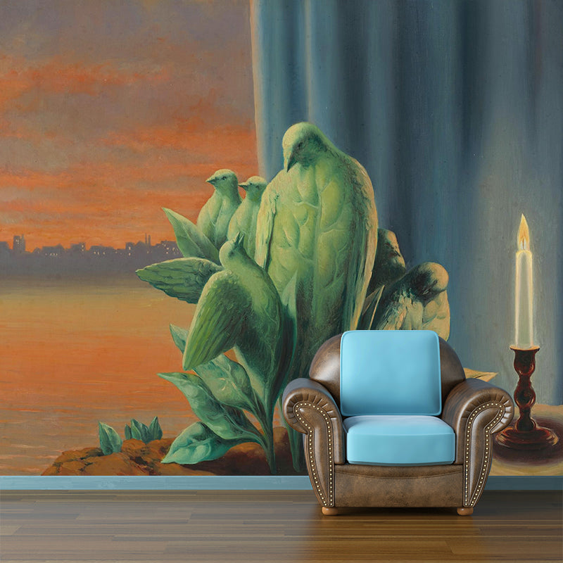 Orange-Green Bird Families Mural Magritte Painting Surreal Washable Wall Art for Dining Room