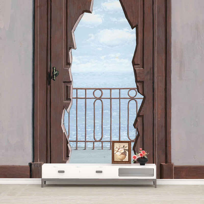 Balcony Door to Sea Mural Decal Surrealist Water Resistant Lobby Wall Art, Custom Print
