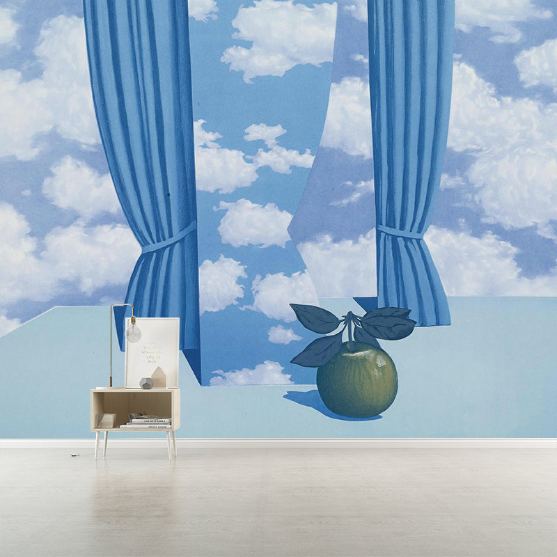 Rene the Beautiful World Mural in Blue-White Surrealism Wall Covering for Accent Wall