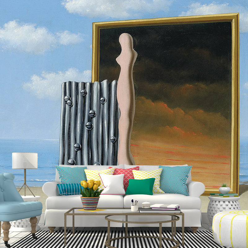 Yellow-Blue Surrealist Mural Wallpaper Full-Size Composition on a Sea Shore Painting Wall Decor for Home