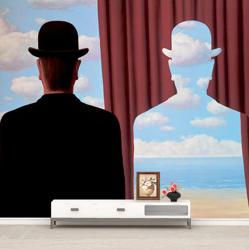 Red-Blue Surrealist Wall Mural Decal Large Rene Magritte Decalcomania Wall Decor for Living Room