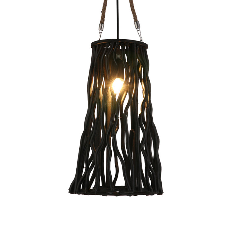 Rustic Barrel/Cone/Globe Pendant Ceiling Light Wood 1 Bulb Dining Room Hanging Lamp in Black