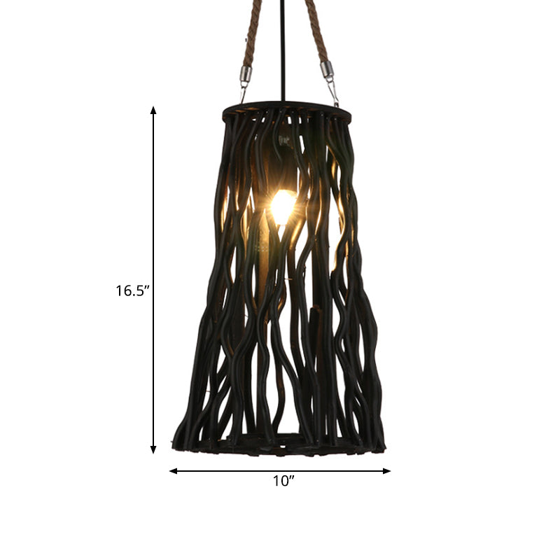 Rustic Barrel/Cone/Globe Pendant Ceiling Light Wood 1 Bulb Dining Room Hanging Lamp in Black