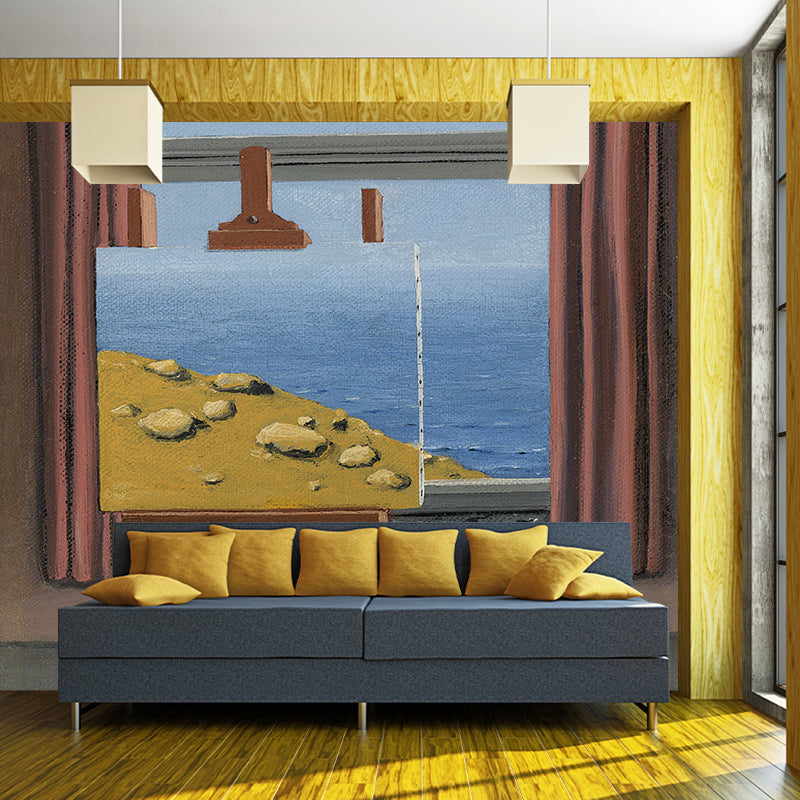 Surrealist La Condition Humanine Murals Non-Woven Waterproof Yellow-Brown Wall Art for Living Room