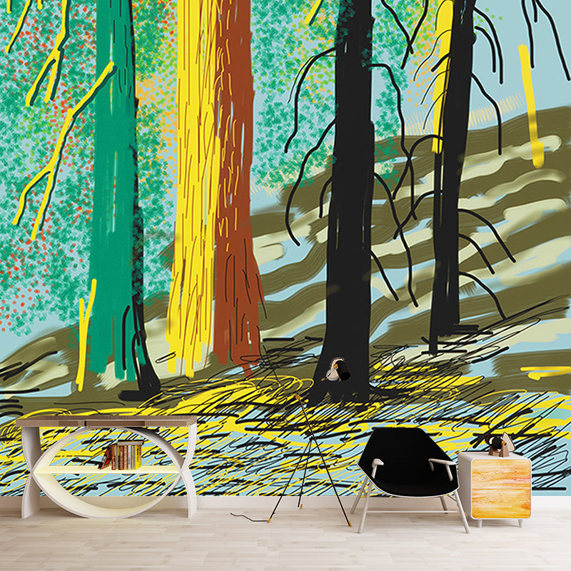 Art Deco Yosemite Trees Murals for Bedroom Customized Wall Covering in Red-Yellow-Green