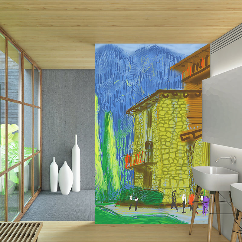 Pop Art Resort Wallpaper Murals Blue-Orange-Yellow Hockney Digital Painting Wall Decor