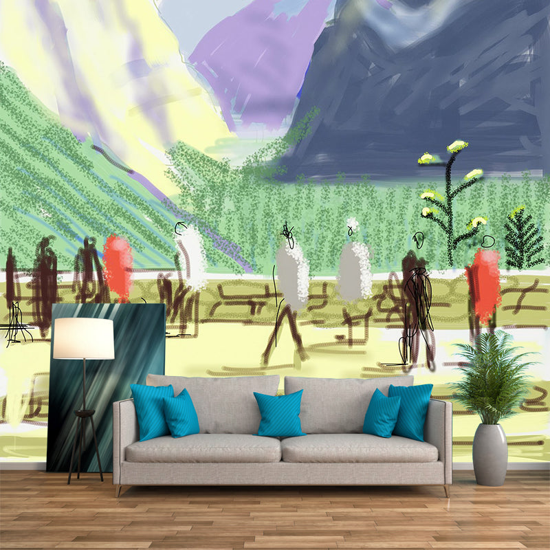 David Hockney Mountain Drawing Murals Artistic Non-Woven Wall Covering in Blue-Yellow-Green