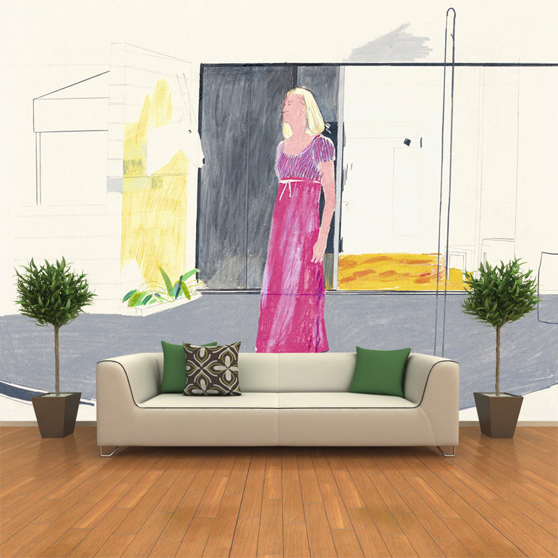Custom Illustration Modern Art Murals with Woman at Hotel Front Painting in Grey-Purple