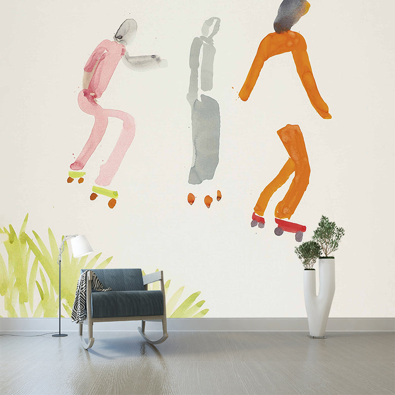 Modern Art Boys Wallpaper Murals with Ice Skating Drawing Pink-Orange Wall Covering