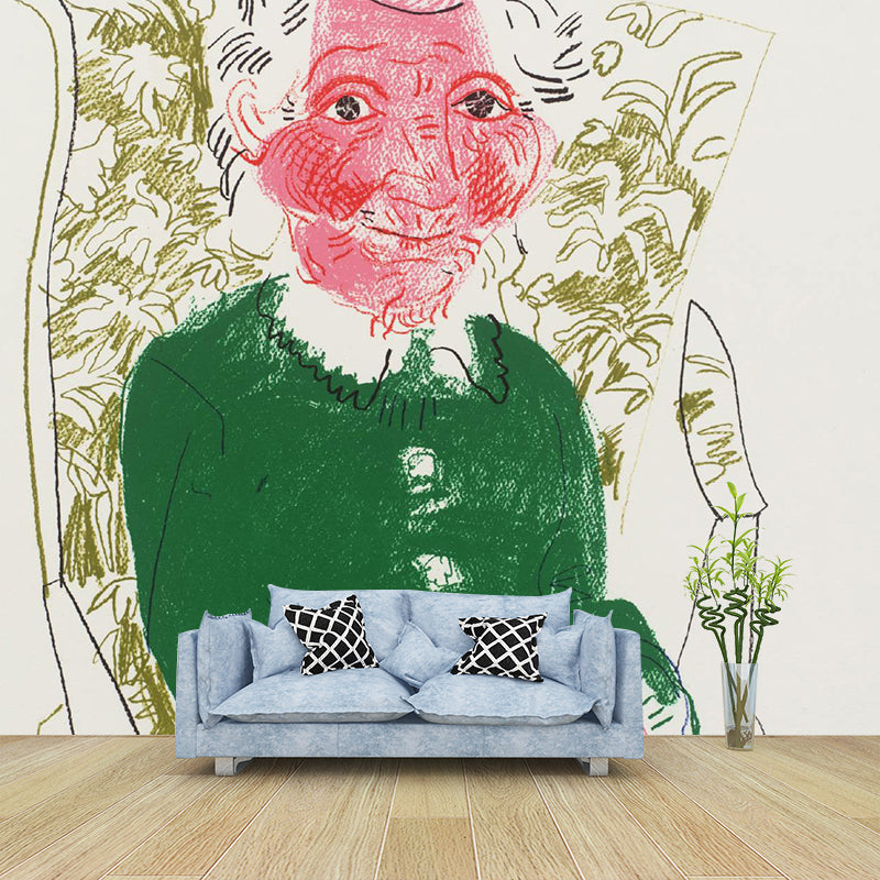 Non-Woven Large Pink-Green Mural Artistic David Hockney Portrait of Mother Wall Decor, Custom Printed