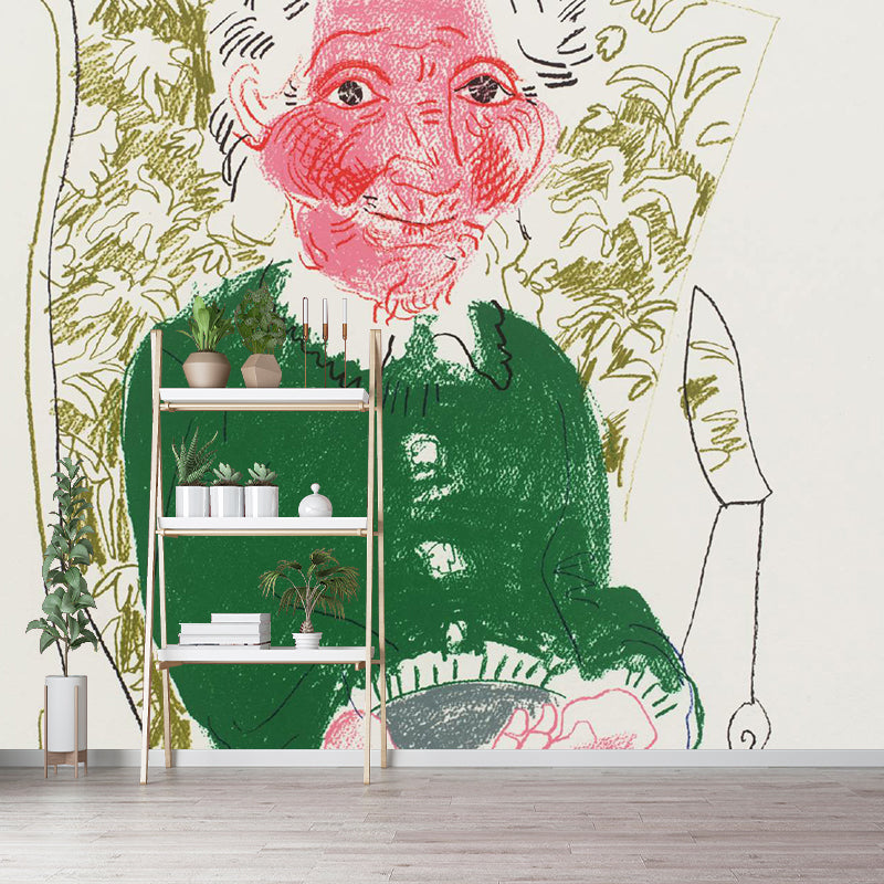 Non-Woven Large Pink-Green Mural Artistic David Hockney Portrait of Mother Wall Decor, Custom Printed