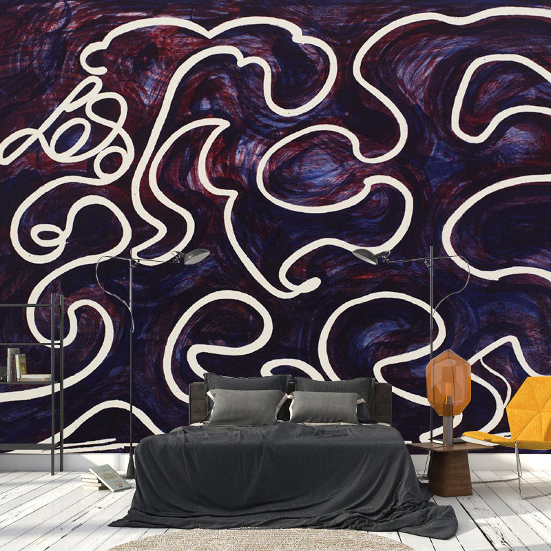 Whole Modern Art Mural Decal in Black-Purple White Lines Dancing in Printing Ink Painting Wall Decor, Optional Size