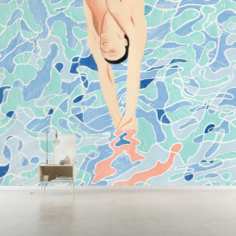 Blue Jumping into Pool Murals Wallpaper Waterproofing Artistic Bathroom Wall Decoration