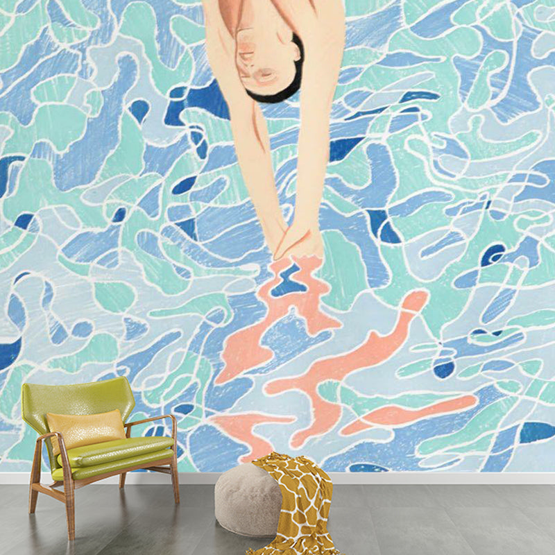 Blue Jumping into Pool Murals Wallpaper Waterproofing Artistic Bathroom Wall Decoration