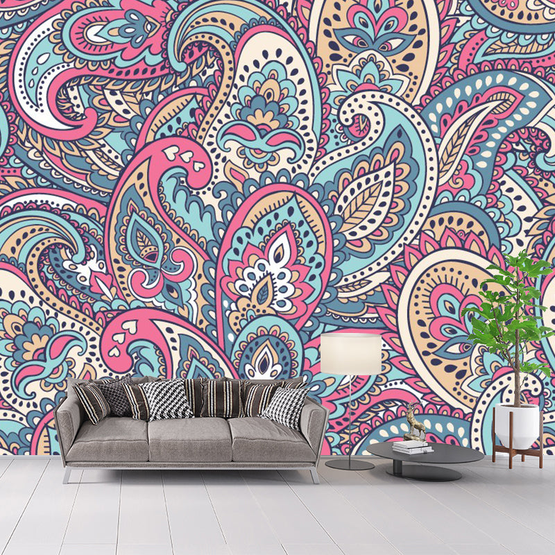 Paisley Wall Covering Murals Pink-Yellow-Green Bohemian Style Wall Decor for Bedroom