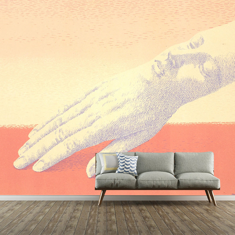 Surrealistic Wrist Face Mural Wallpaper in Orange-Yellow Moisture Resistant Wall Art for Bedroom