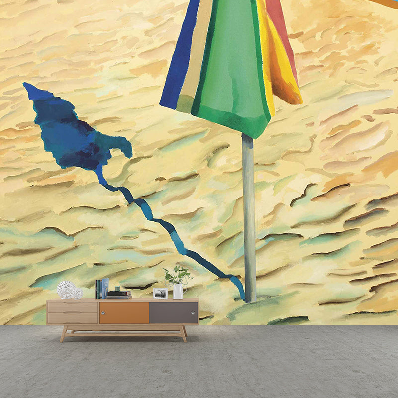 Art Deco Beach Umbrella Mural Wallpaper Yellow-Blue Moisture Resistant Wall Covering for Accent Wall