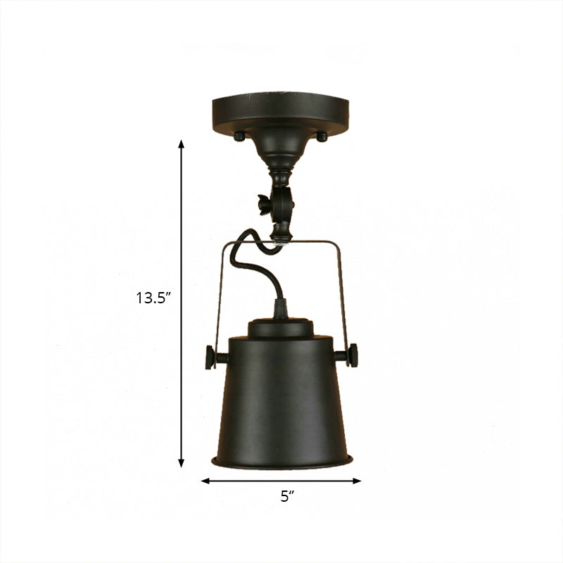 Bucket Shade Living Room Ceiling Lamp Antique Style Metal 1 Bulb Black/Rust Rotatable Semi Flush Pendant Light