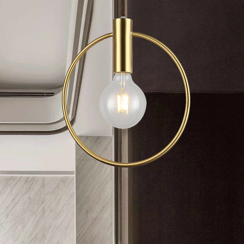 Vintage Circular Hanging Ceiling Light with Open Bulb 1 Light Metal Pendant Lamp in Gold for Hallway