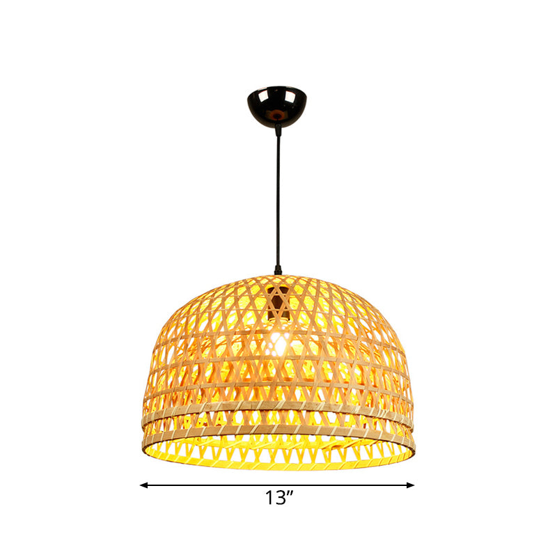 Brown/Wood Dome Shade Hanging Light Modern Style 13"/21" Dia 1 Light Bamboo Pendant Lamp for Restaurant