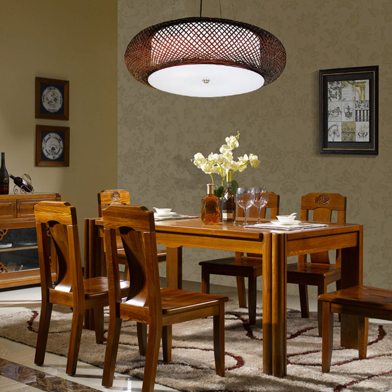 Brown/Wood Hand-Worked Hanging Light with Drum Shade Asian 1 Light Bamboo Suspension Lamp for Dining Room