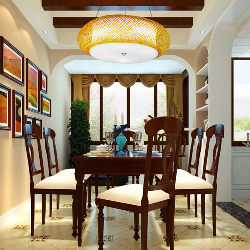 Brown/Wood Hand-Worked Hanging Light with Drum Shade Asian 1 Light Bamboo Suspension Lamp for Dining Room