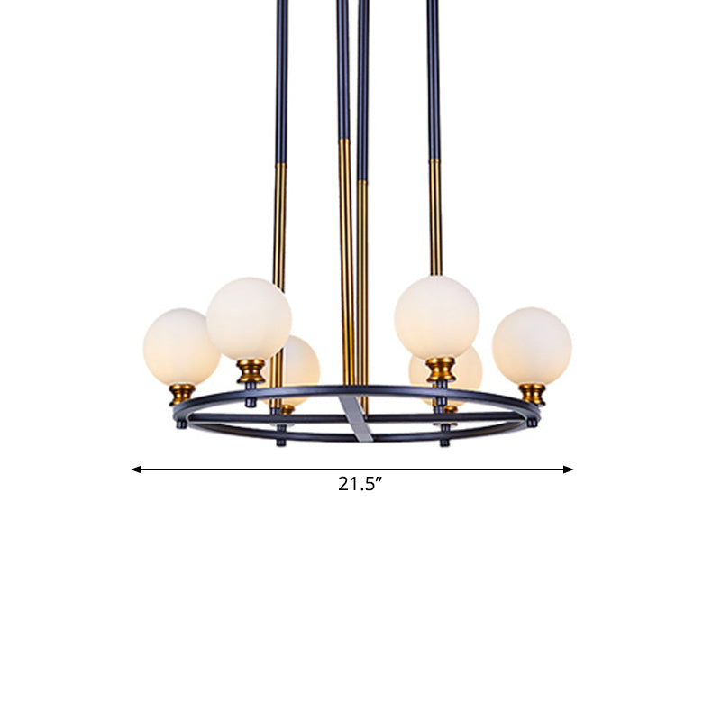 Black-Gold Globe Ceiling Chandelier Nordic Style 6/8 Lights Frosted Glass Drop Pendant with Ring Design