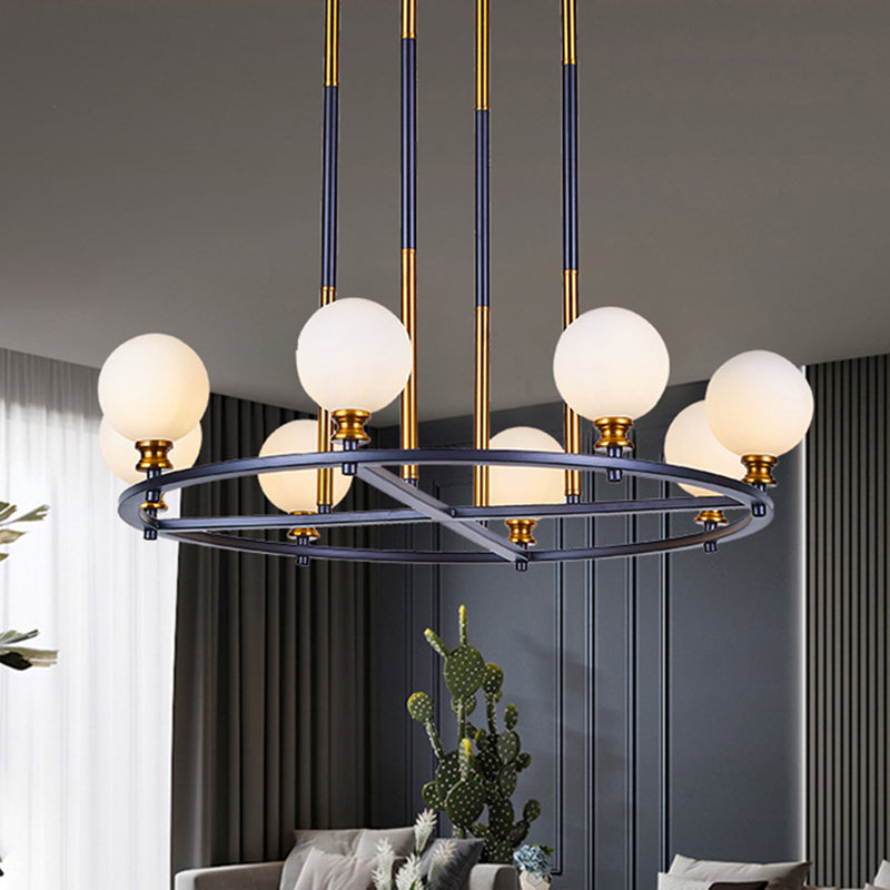 Black-Gold Globe Ceiling Chandelier Nordic Style 6/8 Lights Frosted Glass Drop Pendant with Ring Design