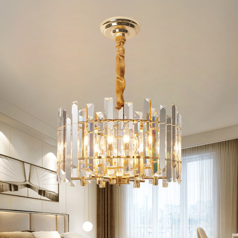 Contemporary Drum Ceiling Chandelier 6/8 Bulbs Clear Crystal Prismatic Suspension Lighting, 18"/23.5" Width