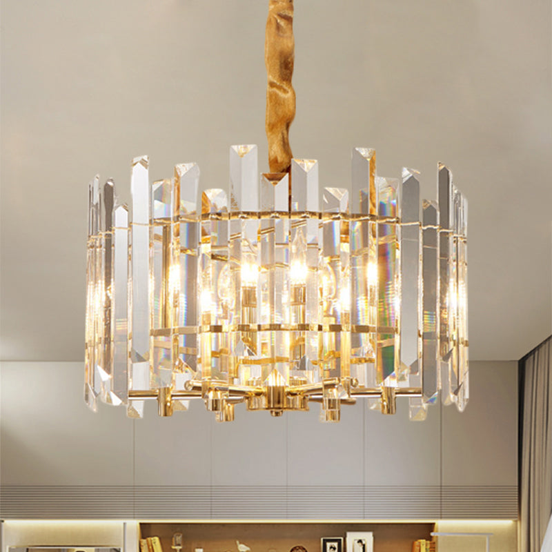 Contemporary Drum Ceiling Chandelier 6/8 Bulbs Clear Crystal Prismatic Suspension Lighting, 18"/23.5" Width