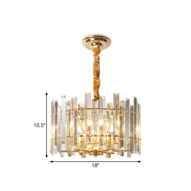 Contemporary Drum Ceiling Chandelier 6/8 Bulbs Clear Crystal Prismatic Suspension Lighting, 18"/23.5" Width