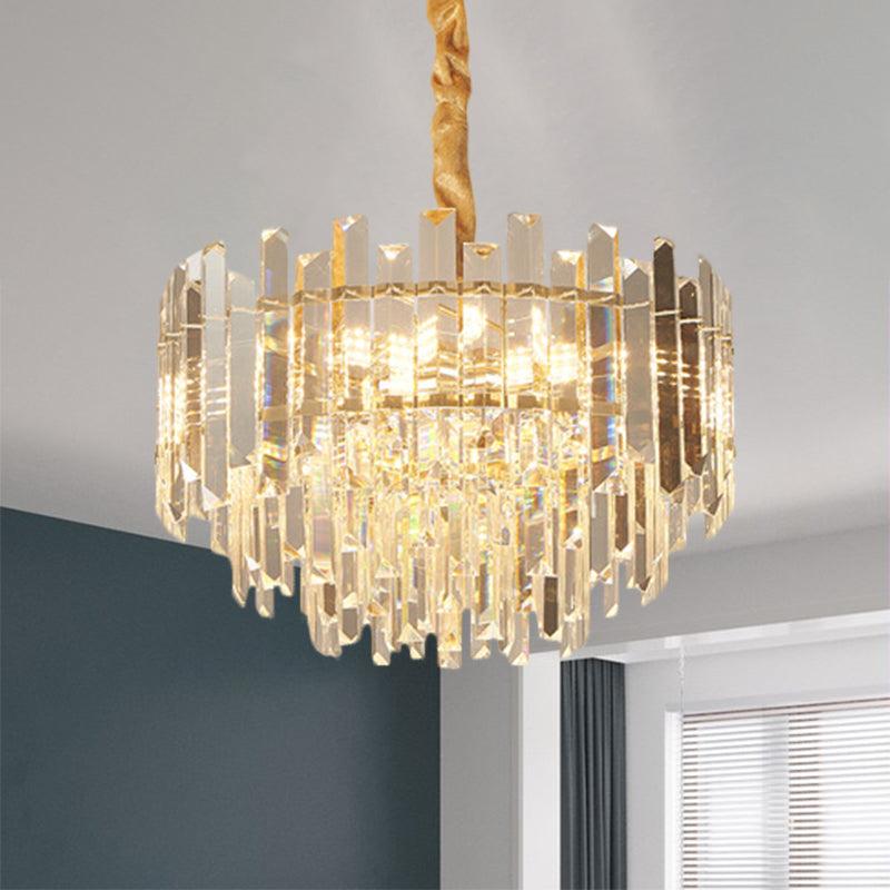 8/10 Bulbs Pendant Light Fixture Contemporary Drum Clear Crystal Prismatic Hanging Chandelier, 18"/23.5" Wide