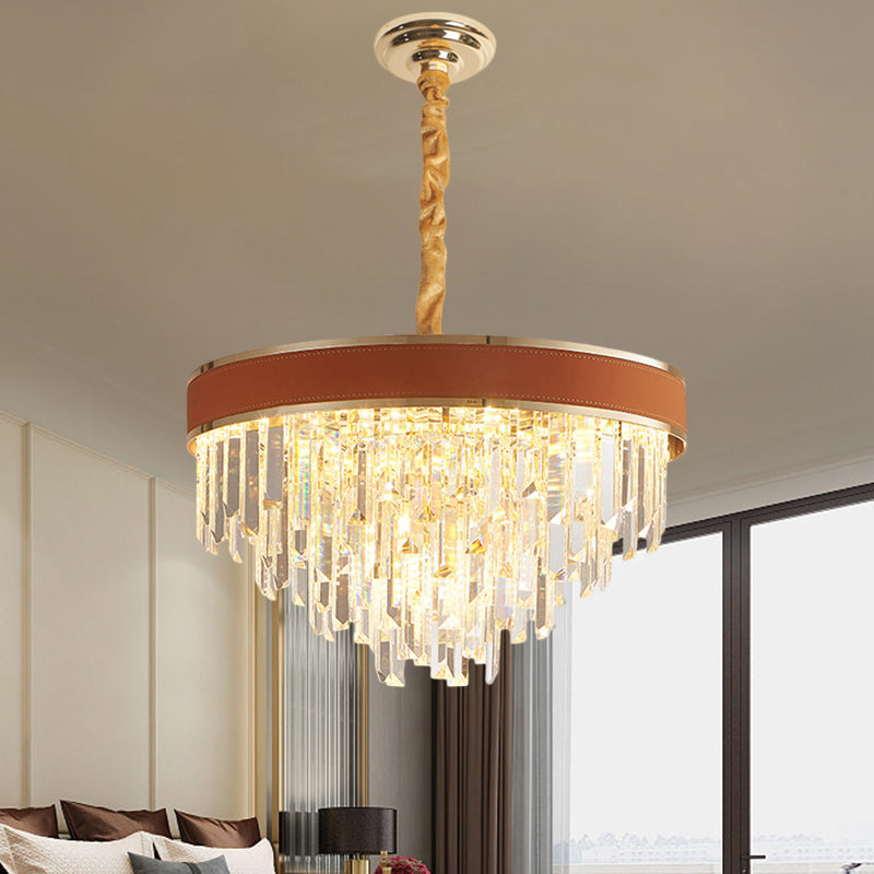 Brown Finish Round Chandelier Lamp Modern Crystal Prisms 8 Heads Living Room Suspension Pendant Light