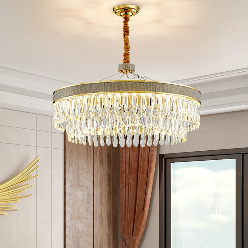 Clear Crystal Draping LED Hanging Chandelier Modern Gold Finish 2-Layer Round Great Room Suspension Lamp, 18"/23.5" Width